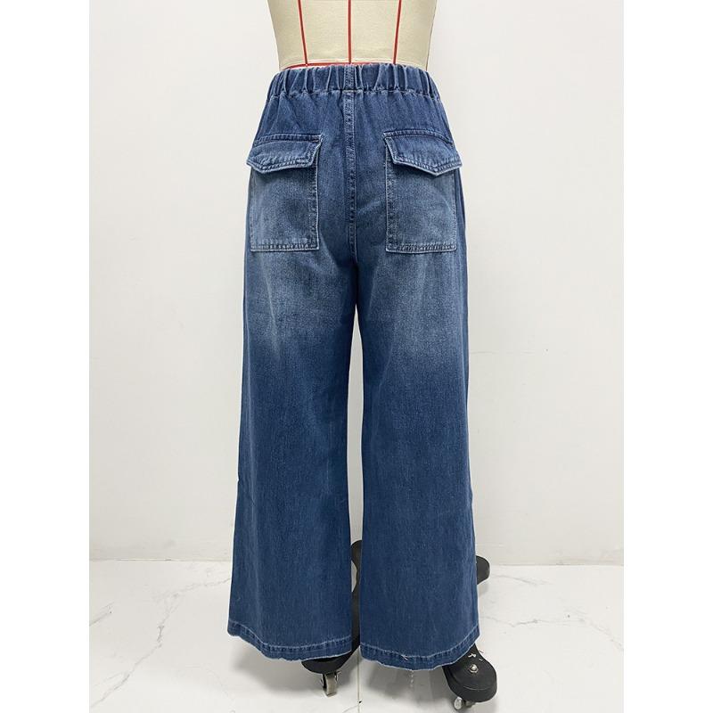 Damen Frühling Neue Mid-Waist Weitbein Kordelzug Locker Jeans Street Retro Gerade Hose
