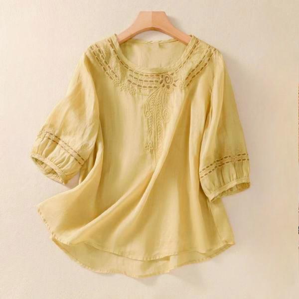 

Весна и Лето Новая Свободная Литературная Ретро Хлопковая и Льняная Вышитая Рубашка Летняя С Полурукавом Женская XXXL