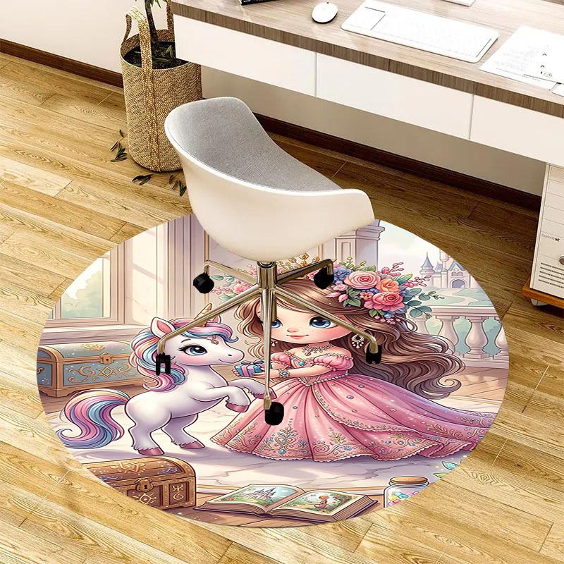1PC Princess Unicorn Non-Slip Floor Round Carpet, Office, Family, Bedroom, Large Area Rug Indoor Rugs, Durable Polyester-L0414