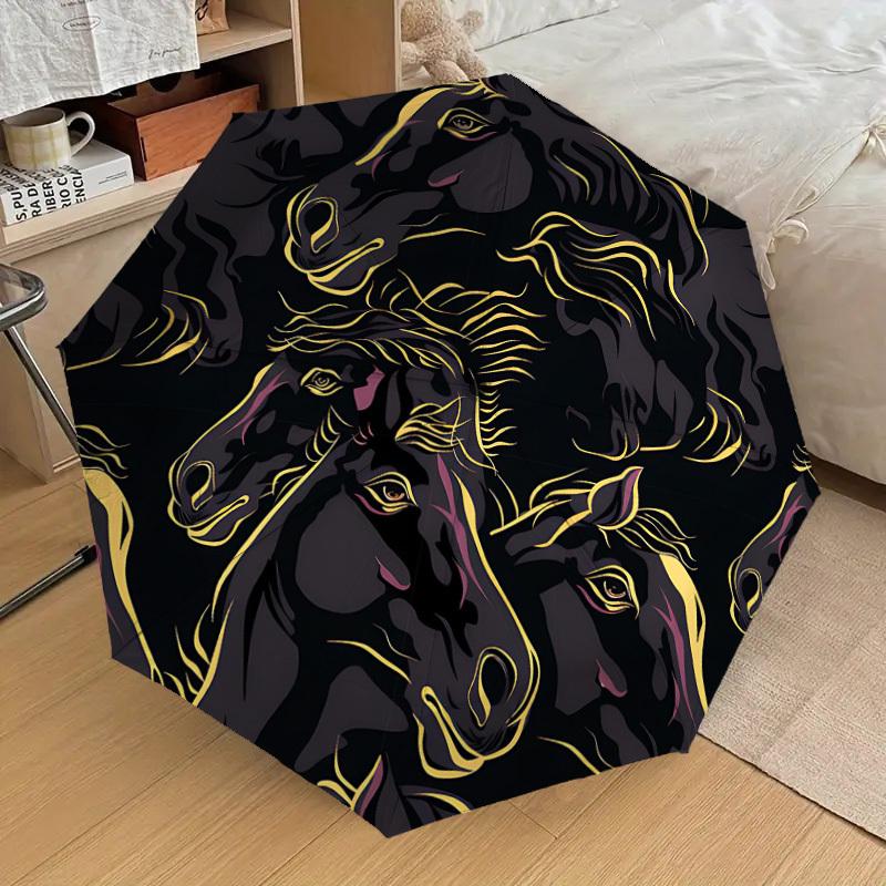 1PC Horse Pattern Automatic Folding Umbrella - Compact 8-Rib Design, Durable Plastic & Iron, Lightweight for Outdoor Daily Use, Festive Gift050