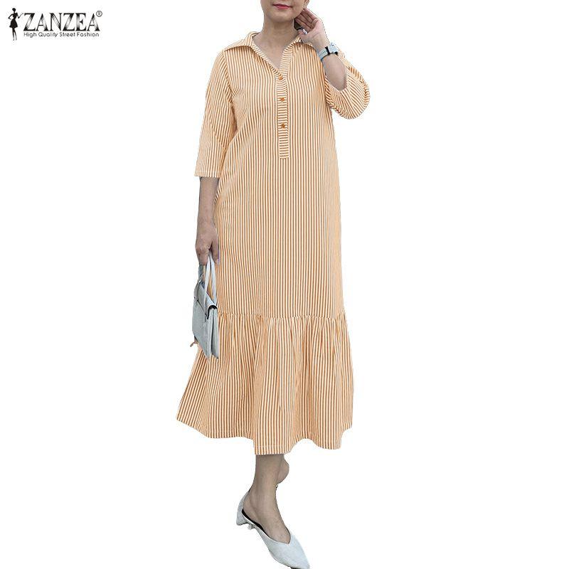 ZANZEA Women Casual Turn Down Collar Loose 3/4 Sleeve Stripe Long Dress