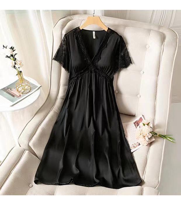 Fairy Lace Ice Silk Maxi Dress with Breast Pads - Sexy Long Sleeve Nightgown for Women, Home & Outdoor Wear