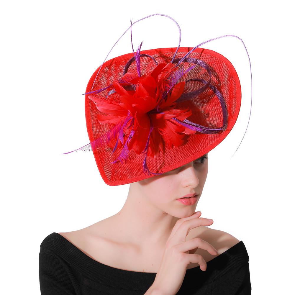 

European And American Hemp Yarn Headgear Popular Bridal Hair Accessories Photo Top Hat Red With Purple Feather Headgear