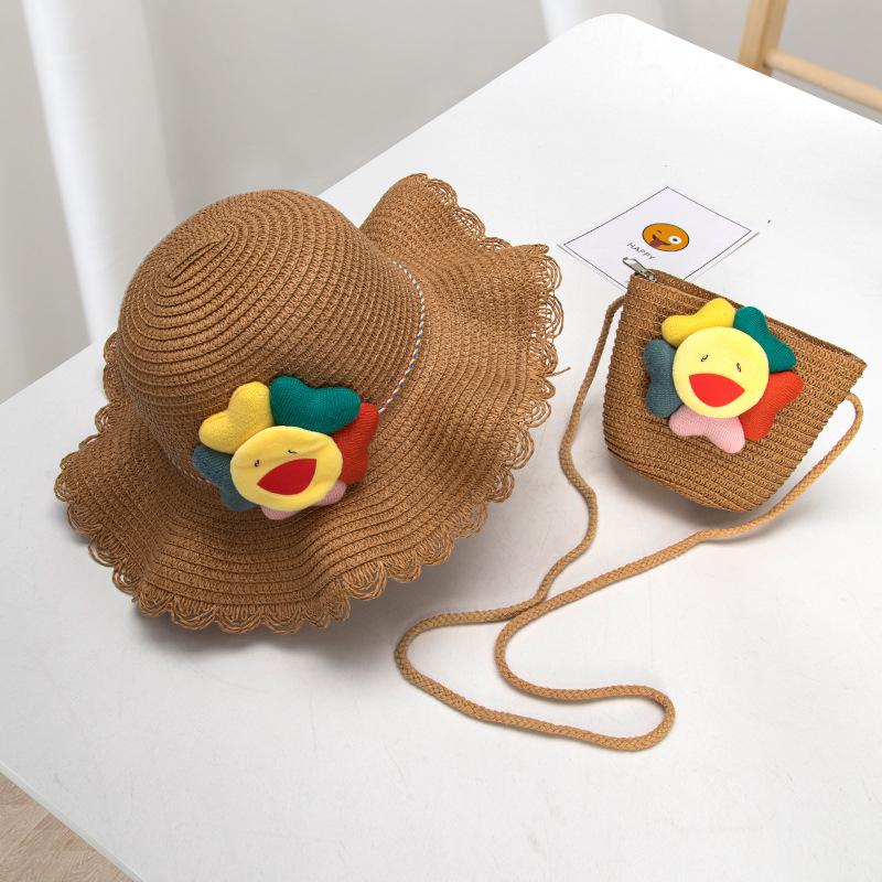 Summer outdoor new straw children's cartoon cute flower hat with bag woman