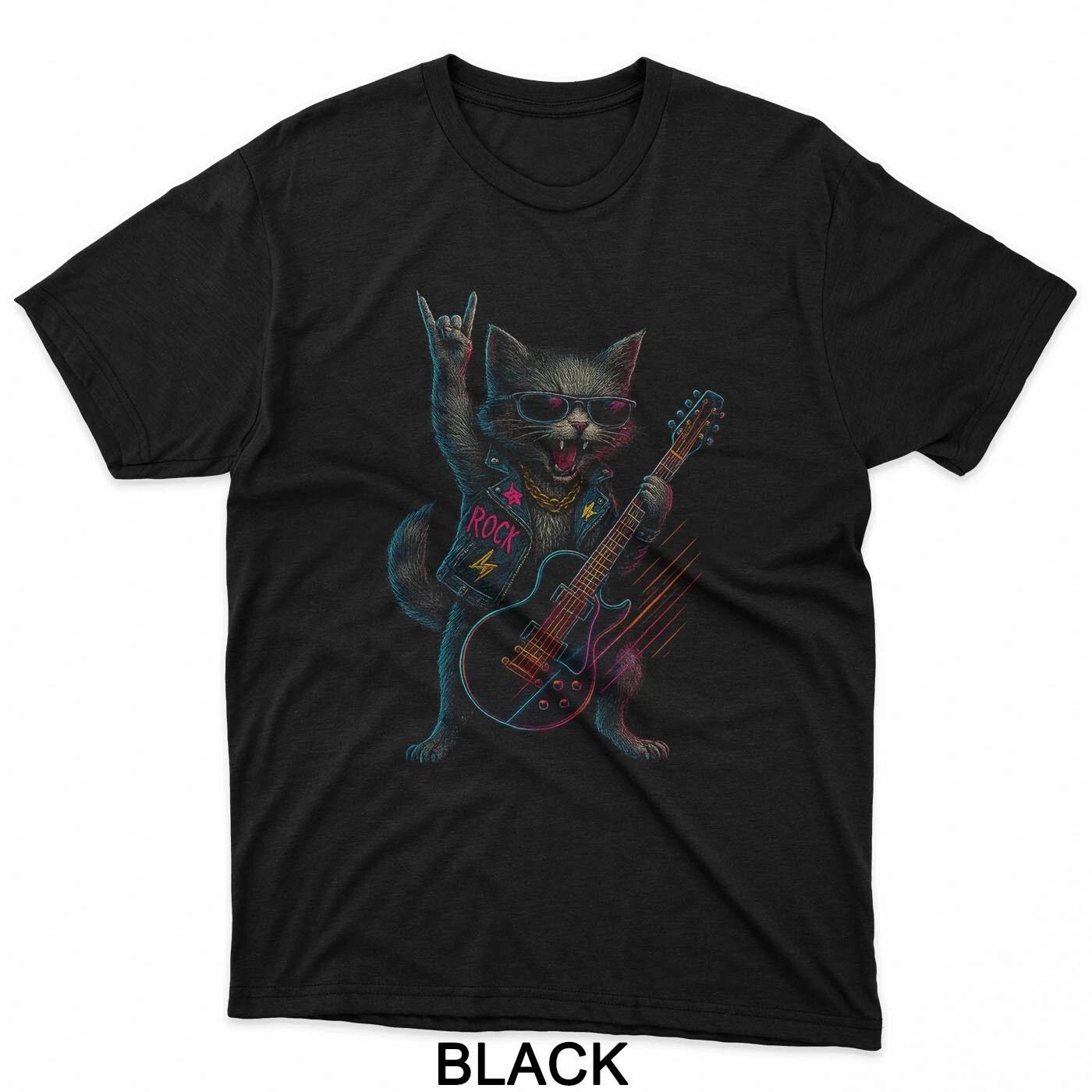 Retro Cat Rock Music Gifts Men Kids Women Funny Cat Guitar T-Shirt 3XL
