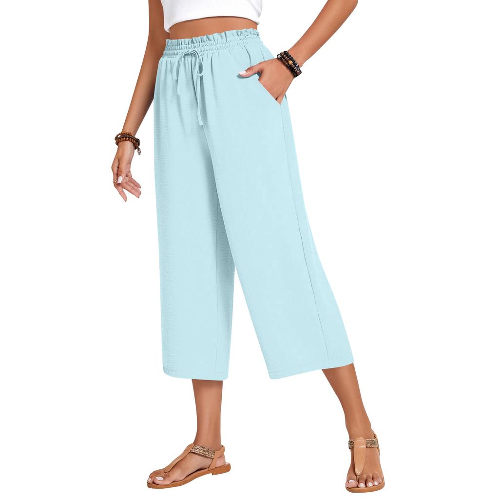 Women's High Waist Wide Leg Pants with Drawstring Elastic Waist in Multiple Colors