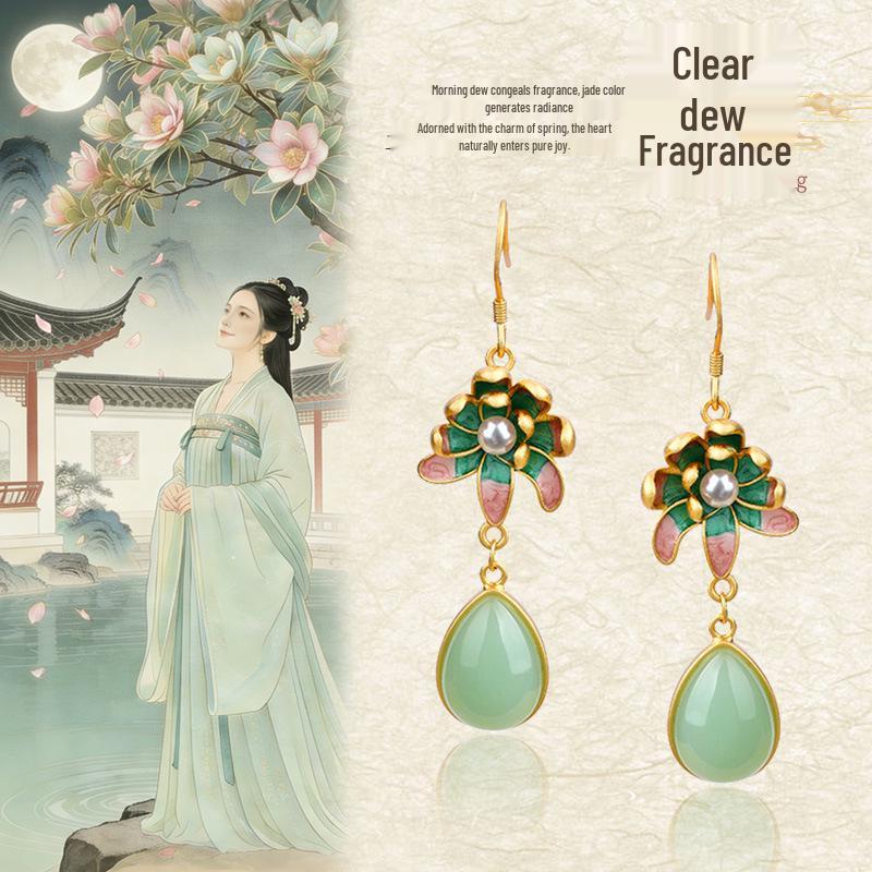Orchid Enamel & Gilded Water Drop Earrings – Hanfu Qipao Style for Women