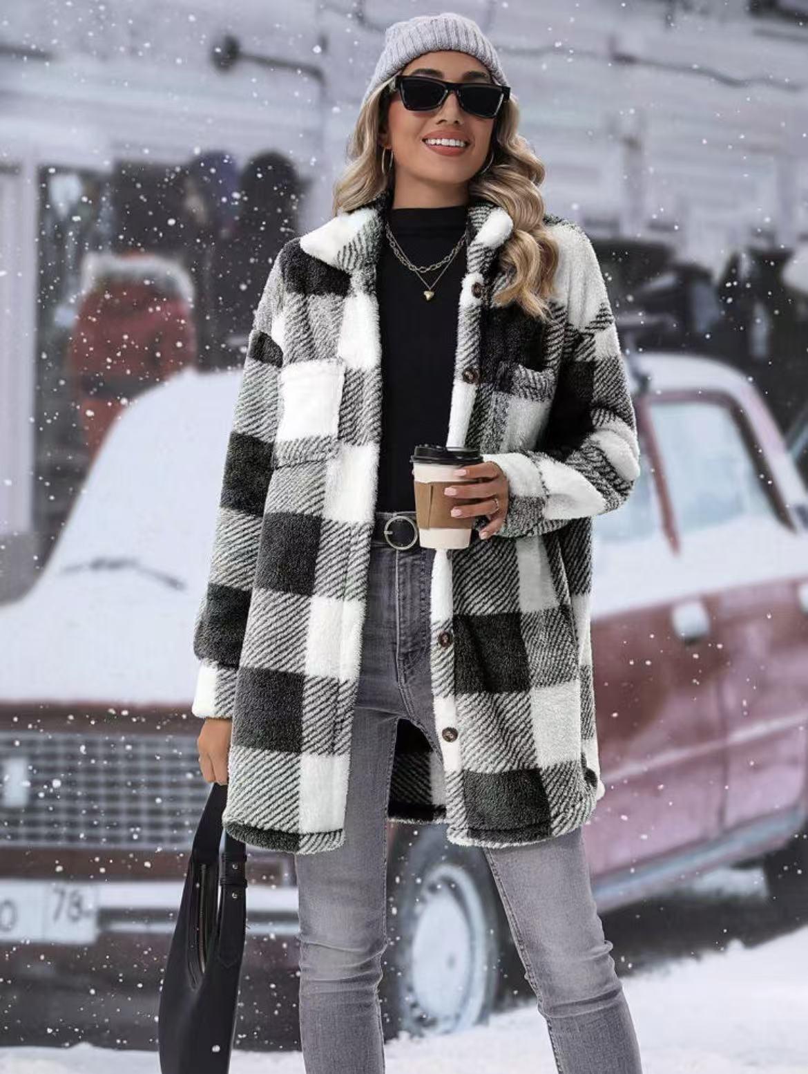 European and American Women s Plaid Wool Lapel Mid-Length Coat - Autumn/Winter Collection M