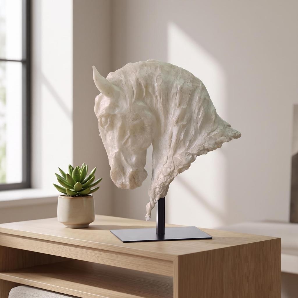 Horse sculpture with metal stand, modern made of resin
