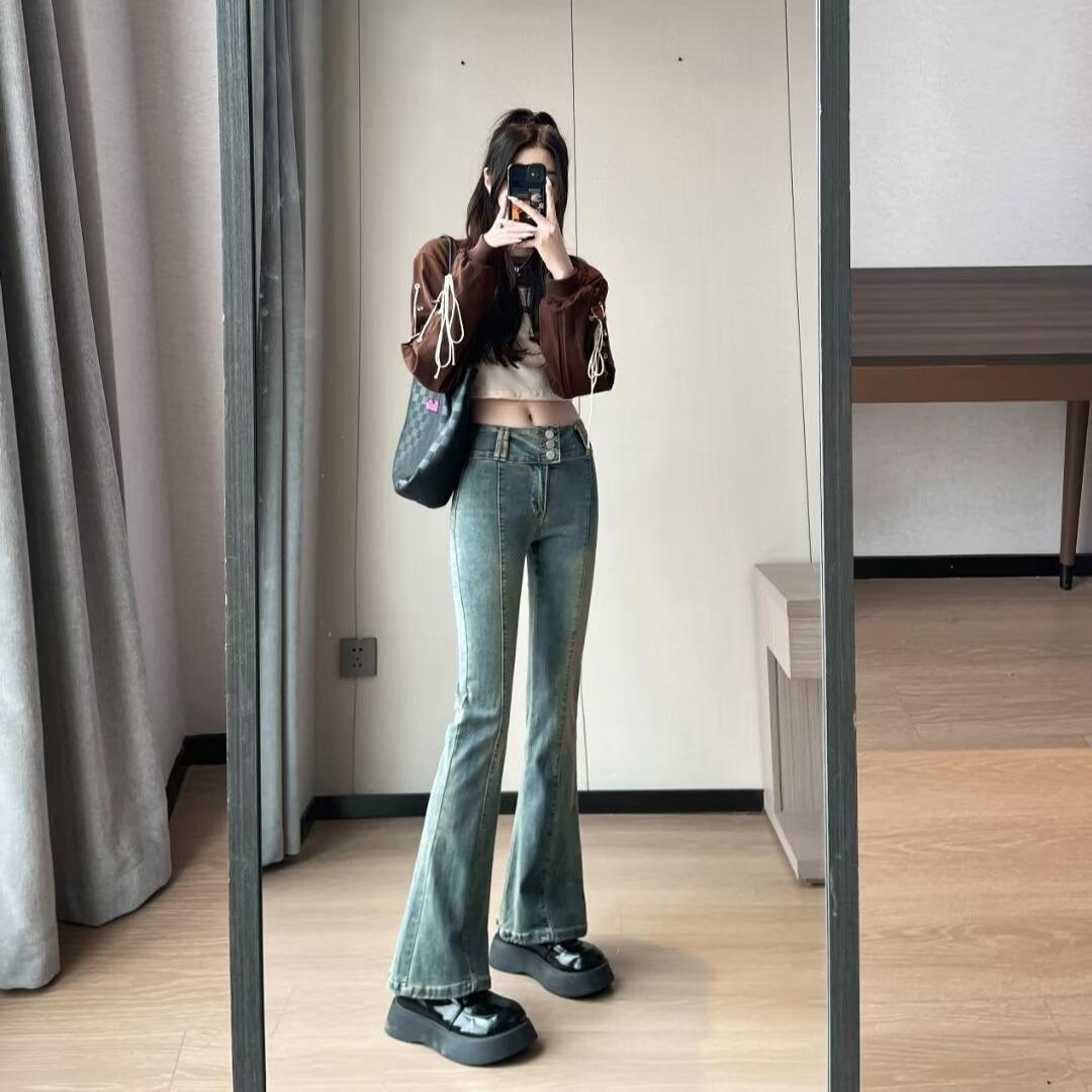 

Washed Retro Micro-Flare High-Waisted Jeans for Women - 2024 Autumn Collection: Elastic, Distressed, Slimming, Tall-Looking Long Pants 5XL