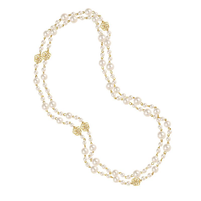 Rose Flower Pearl Sweater Chain Fashionable Hollowed-out Flower Multi-layered Intertwined Pearl Style Necklace