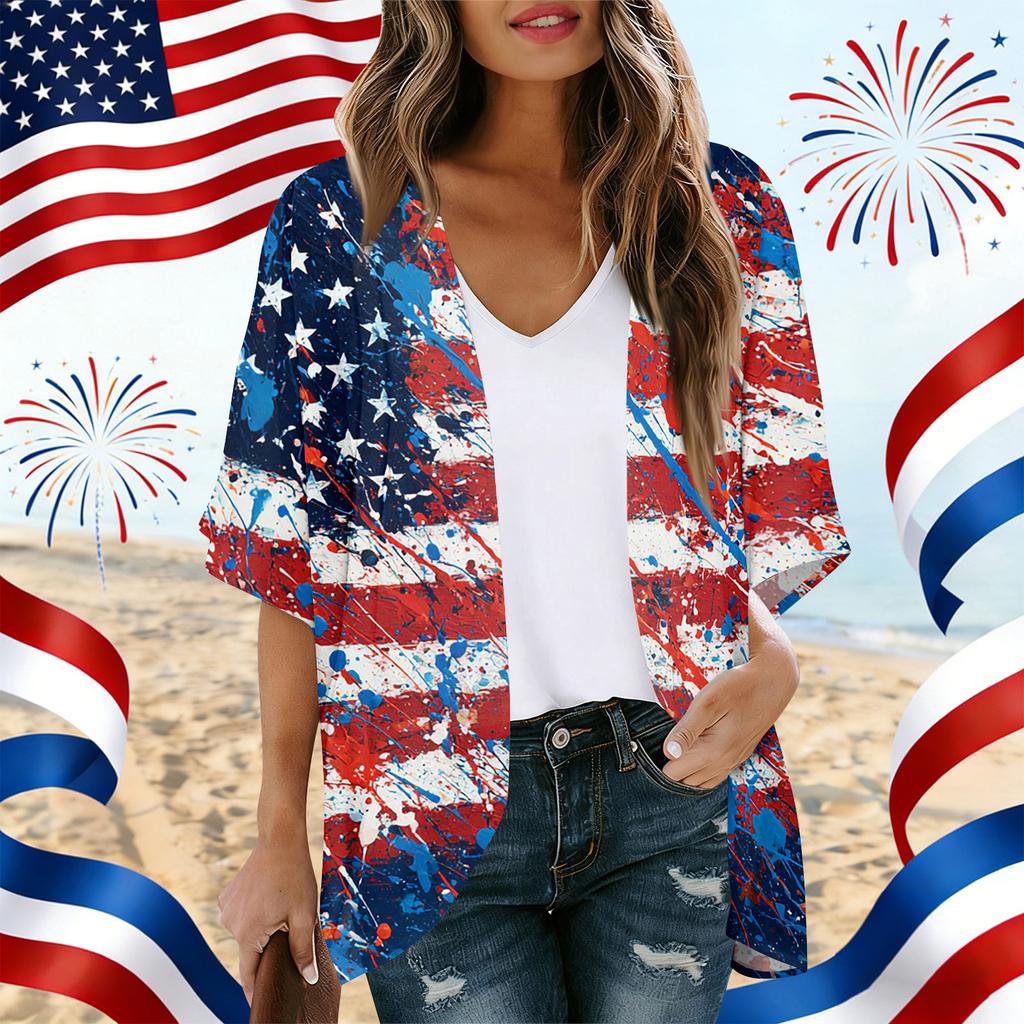Women's Independence Day Print Cardigan, Loose-Fit Tunic, Casual Shirt