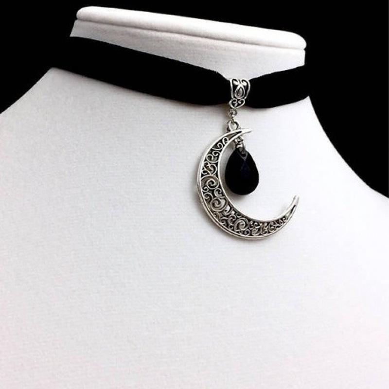 Gothic Velvet Cord Moon Bag Necklace with Teardrop Stone
