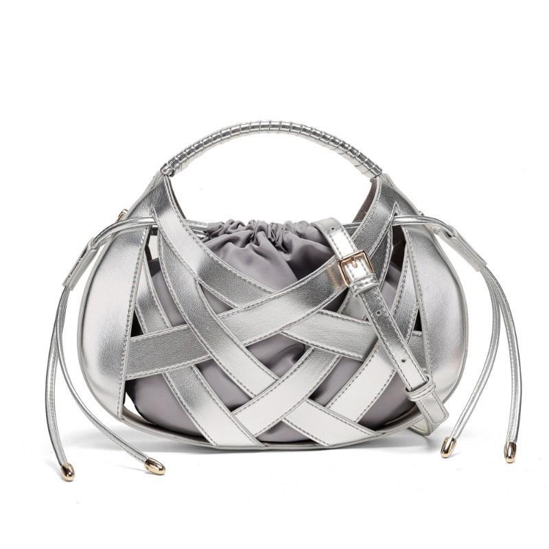 Woven Mini Tote Bag Women Structured Oval Crossbody With Drawstring PU Leather Retro Chic Everyday Shoulder