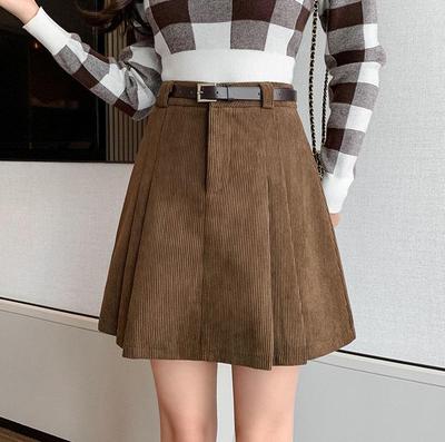 Women's High-Waisted Corduroy Wool Pleated A-line Skirt with Anti-Exposure Shorts - 2025 Autumn/Winter Collection