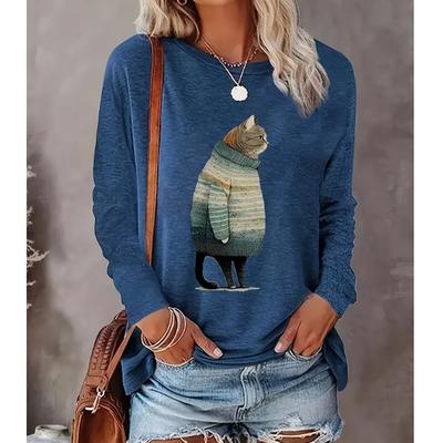 Φθινόπωρο & Χειμώνας 2025 Γυναικείο Νέο Casual Τοπ με Στρογγυλή Λαιμόκοψη και Μακρύ Μανίκι με 3D Σχέδιο Γάτας
