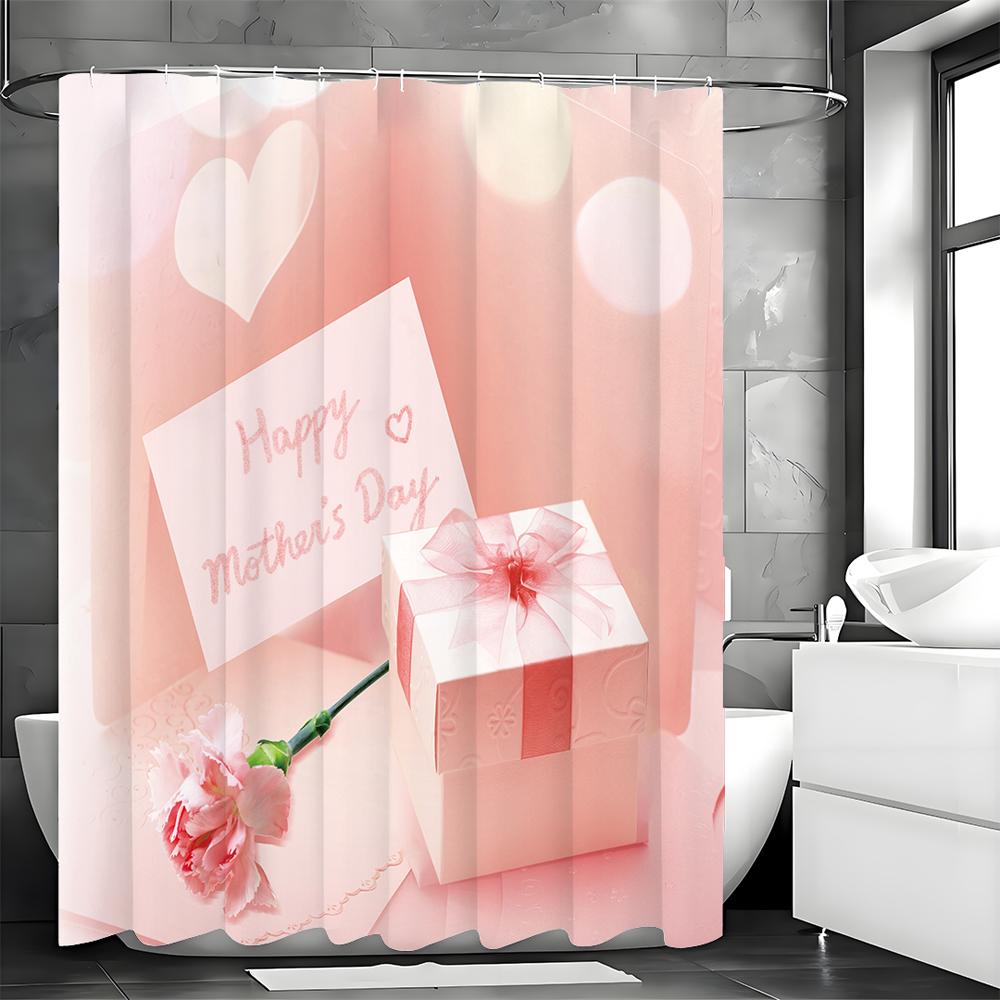 Happy Mother's Day Pink Greeting Card Gift Carnation Shower Curtain, Bathroom Decorative Shower Curtain, Waterproof Shower Curta