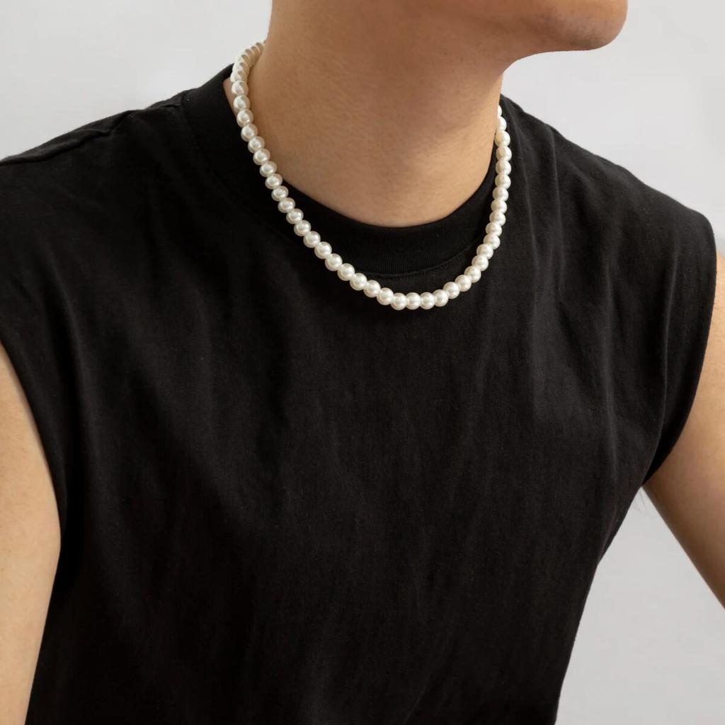 Simple Imitation-Pearl Beaded Short Choker Necklace for Men Trendy White Beaded Chains on Neck Accessories 2026 Fashion Jewelry