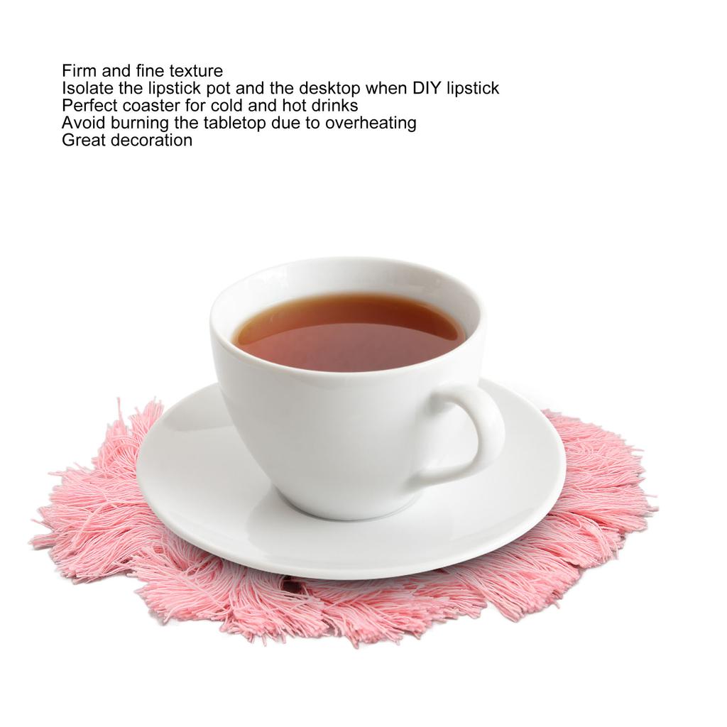 4pcs Cotton Thread Woven Drink Coasters with Tassel Round Pure Color Elegant Lipstick Pot Pads Mats