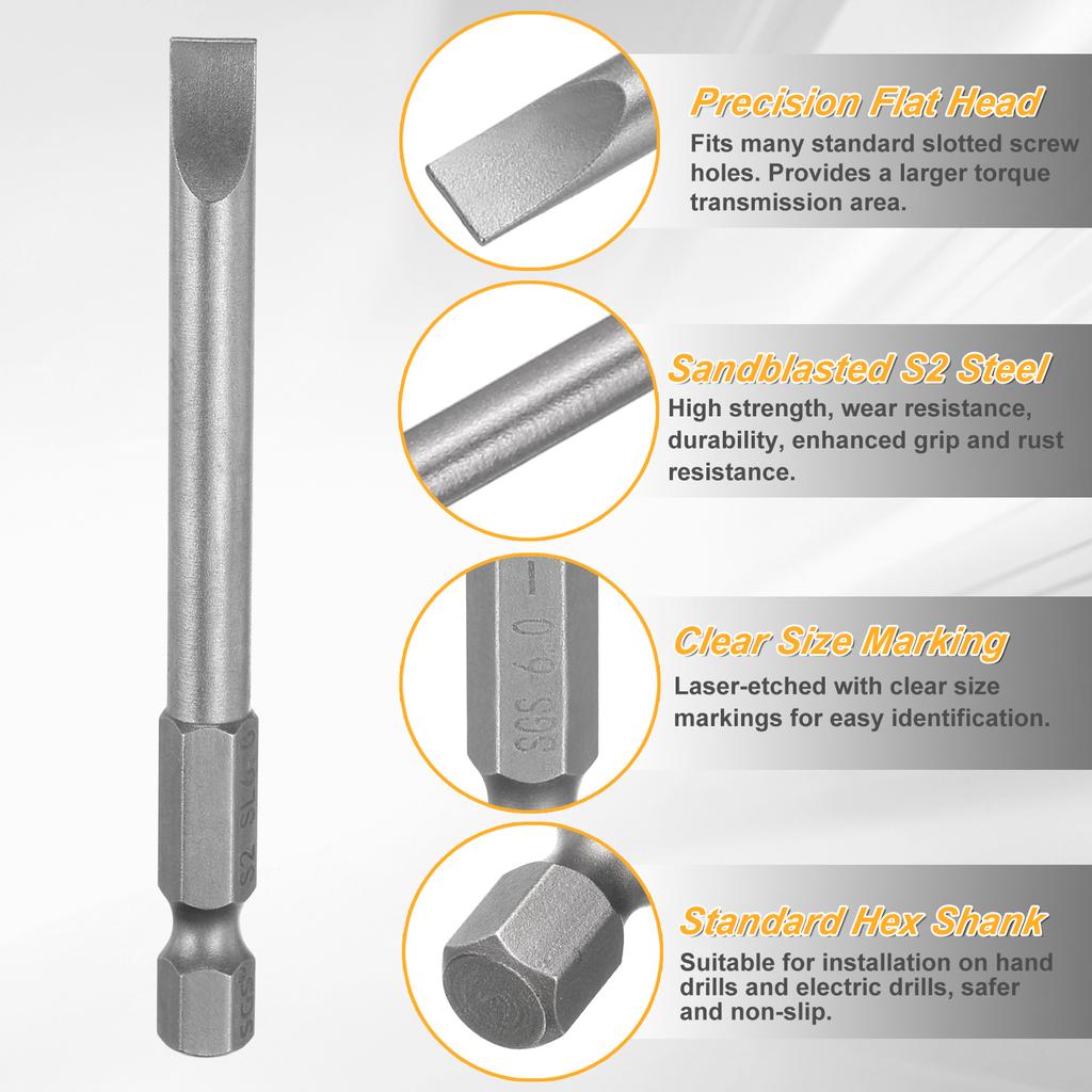 2/4/8pcs SL2/SL2.5/SL3/SL4/SL5/SL6 Slotted Screwdriver Bits 6mm Slotted Tip 1/4" Hex Shank 75mm (3") Long Magnetic Flat Head