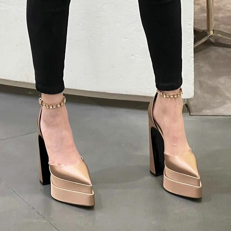 Fashion 2025 New Fashion Catwalk Show Women's Single Shoes Fashion Pumps Summer Water Platform Thick Heel Pointed Toe Satin High Heels