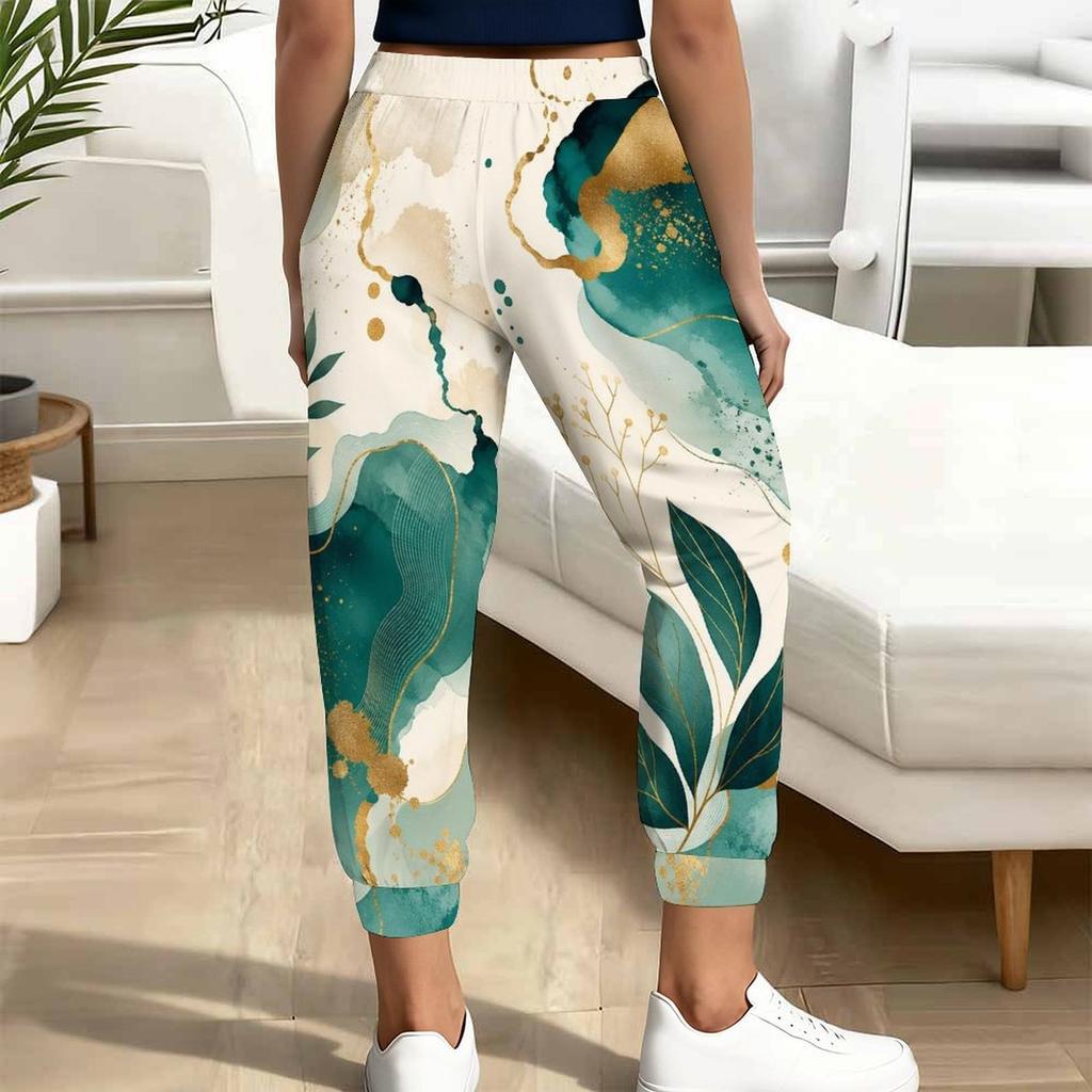 Women Plus Size Blue Gold Marble Printed Drawstring Waist Side Pockets Cuffed Ankle Jogger Pants