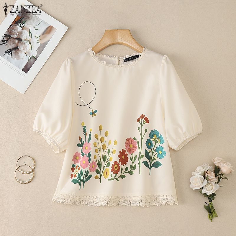 ZANZEA Women Casual Round Neck Half Sleeve Loose Floral Blouse