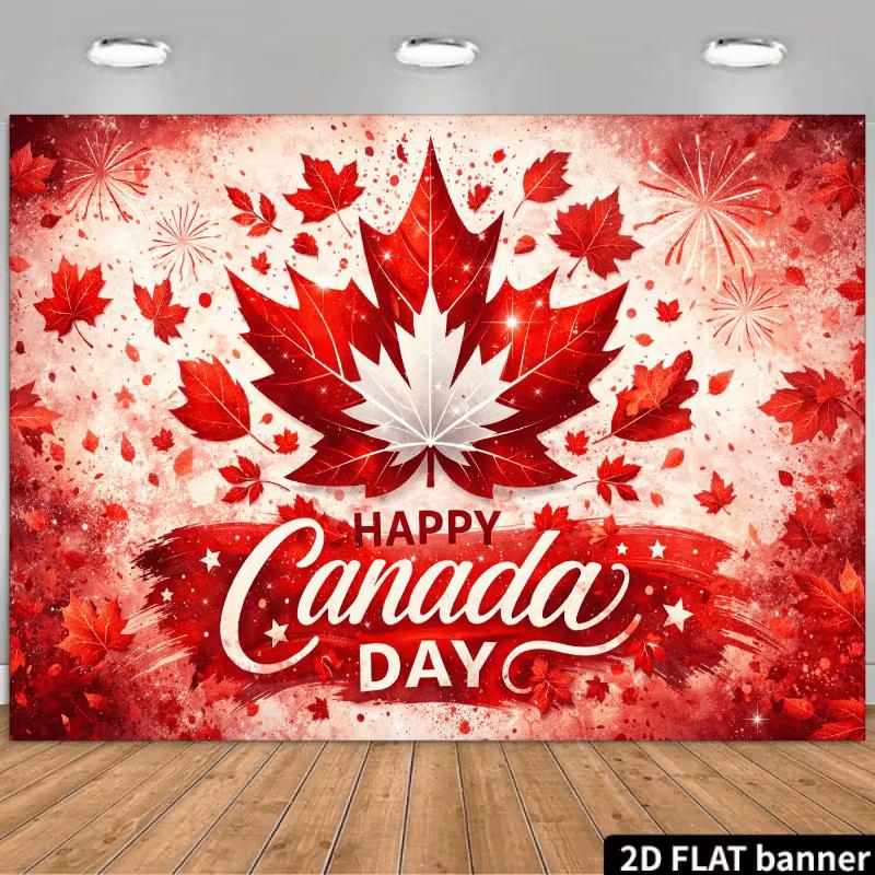 

2D Canada Day Holiday Background Banner, Red Maple Leaf & Sparkle Backdrop for National Day Event 47.2x31.5inch/120*80cm