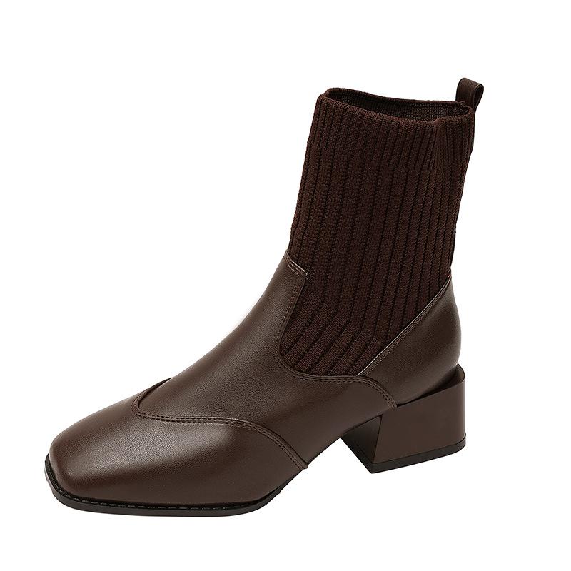 French Autumn and Winter Knitted Tube Thick Heel Short Boots Women's Medium Heel Thin Boots Brown Bare Boots Martin Boots Elastic Socks Boots