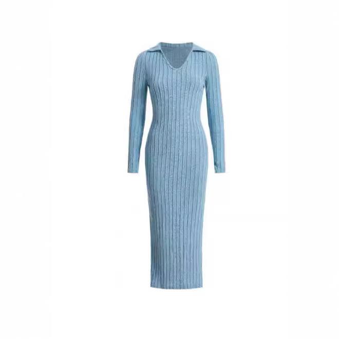 Orange V-Neck Long Sleeve Knit Bodycon Midi Dress with Side Slit