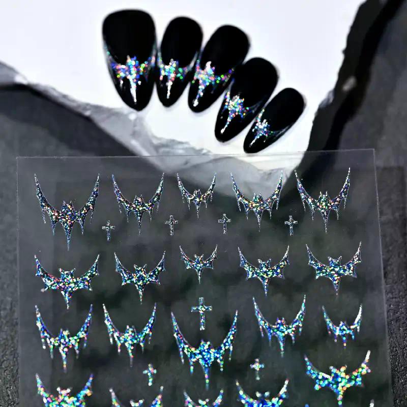Dazzling Laser Gothic Halloween Nail Art Stickers Shiny Red Silver Black Bat Cross Adhesive Decals for Dark Style Manicure Decor