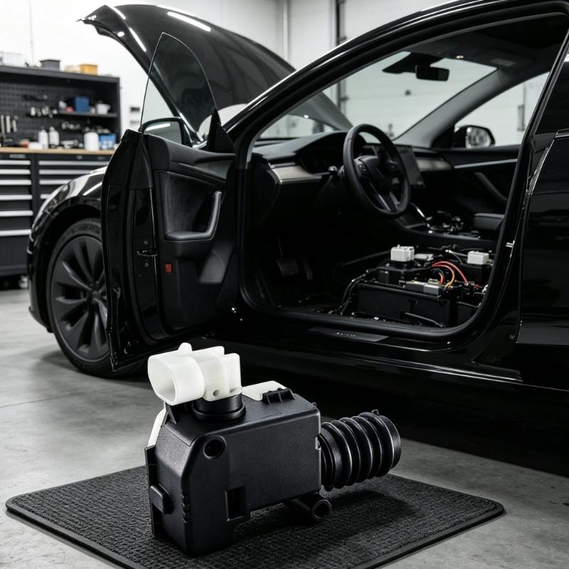 Front-Trunk Hood Lock Actuator Motor with Black Engineering-Plastic Housing and Ribbed Cylindrical Actuator End for Opening and Closing Repair Work