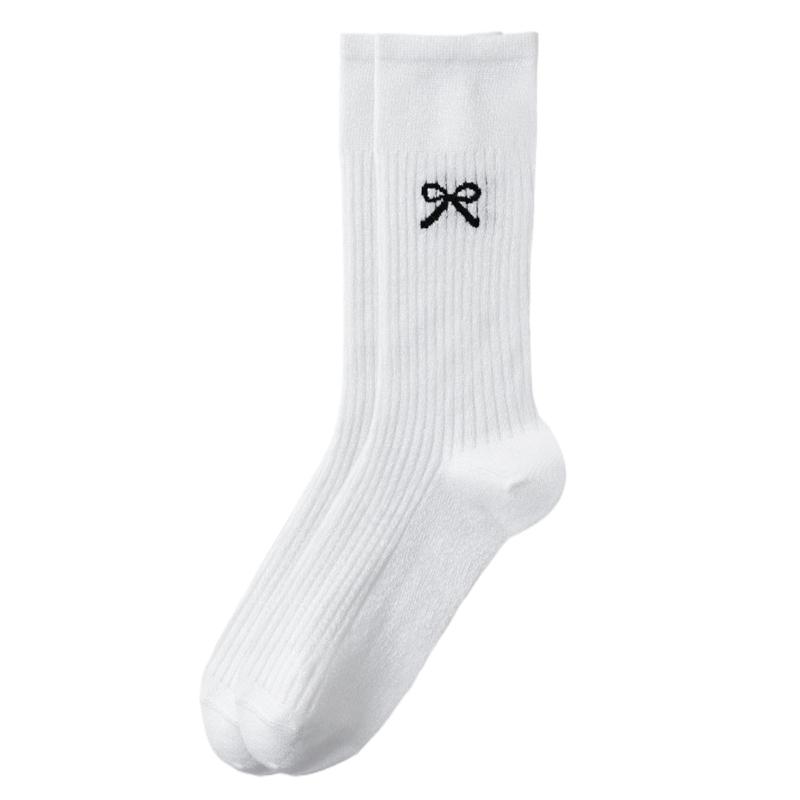 Cute Bowknot Pattern Long Calf Length Socks for Women and Girls Breathable Mesh Ribbed Student Cotton Stockings Hosiery