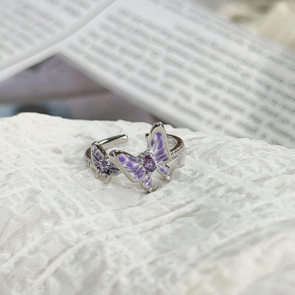 Purple Romantic Enamel Oil Dropping Butterfly Flower Opening Ring Female Niche Sweet Temperament Ring