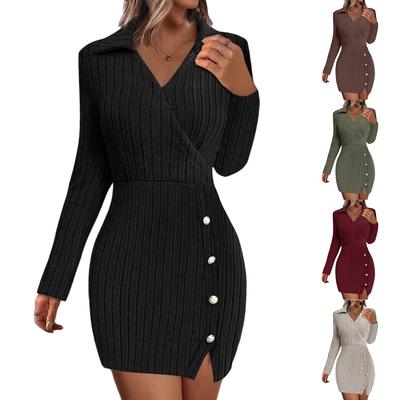Ladies' Fashionable Casual Knitted Color V,neck Long Sleeved Dress