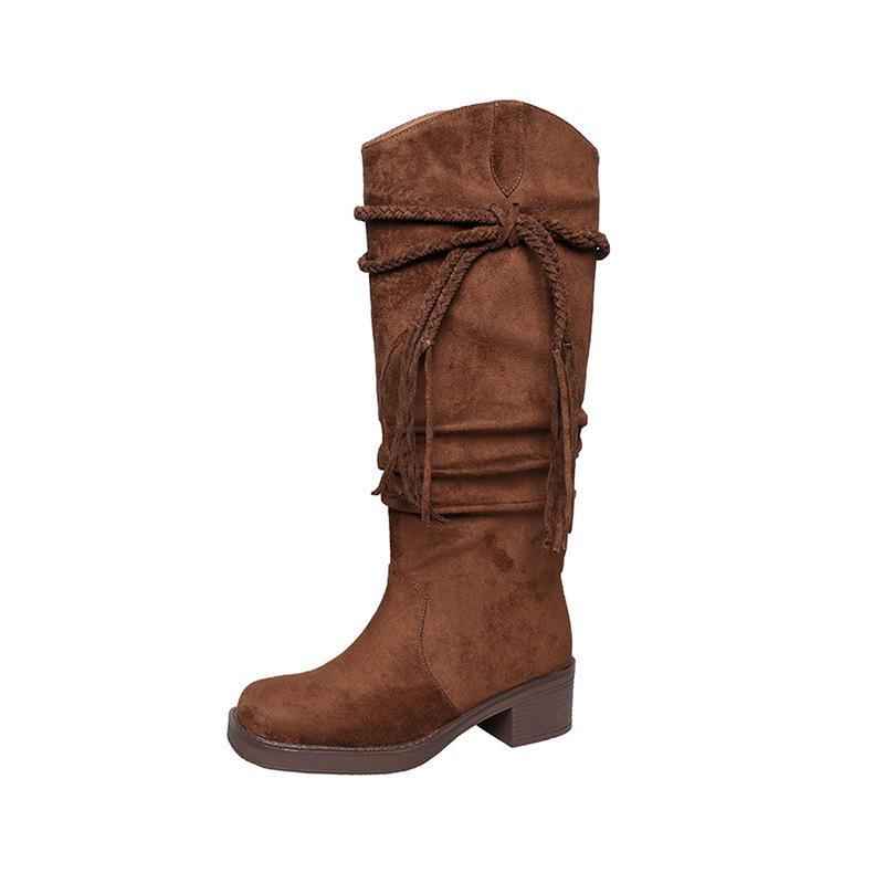 5CM European Goods Popular Fringed Temperament Western Boots 2025 Autumn and Winter New Round Head Thick Heel One Pedal High Boots