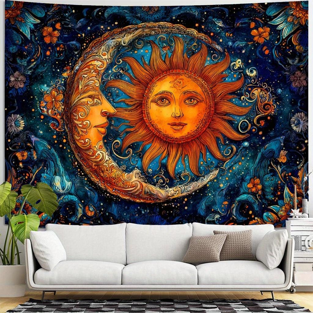 1pc Starry Sun and Moon Tapestry, Polyester Fabric, Machine Washable, Suitable for Bedroom and Living Room Decoration