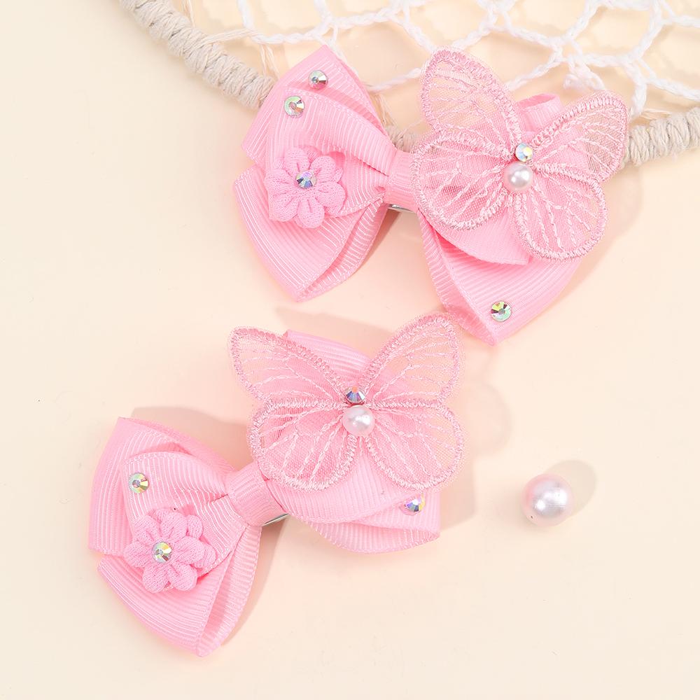 2Pcs Butterfly Hair Clips Baby Solid Ribbon Bows Barrette Sweet Diamond Flower Hairpin Children School Headwear Girls Accesories