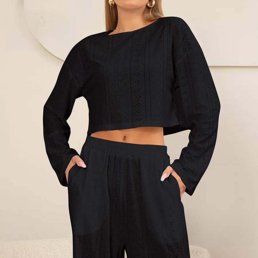 spring Summer solid Hollowed out jacquard Pajamas Set for Women Homewear Sexy pyjamas Loose long Sleeve crop Tops and pants 2 Pieces sets Sleepwear