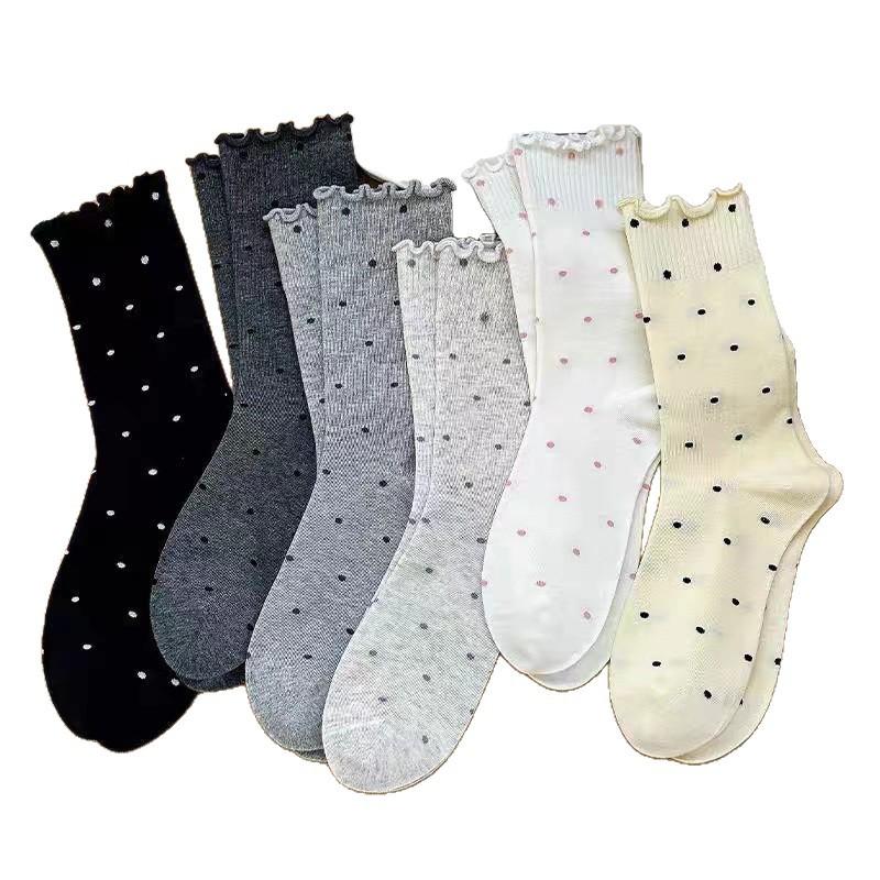 Grey Socks for Women, Mid-calf Autumn Thin Polka Dot Lace Socks, Black Ear-trimmed Autumn and Winter Ballet Style Pile Socks