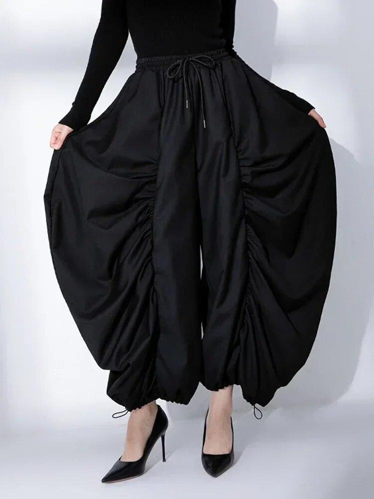 Xitao Folds Wide Leg Pants Black Personality Nepravidelné dámské kalhoty DMJ3090