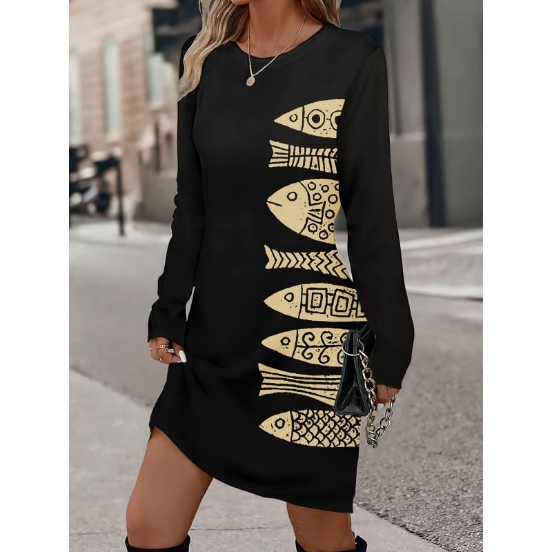 Womens Heart Print Round Neck Long Sleeve Plaid Patchwork Midi Dress Elegant Casual Office Wear