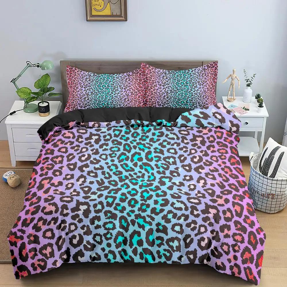 Leopard Print Duvet Cover Set Rainbow Leopard 3D Print King Queen Size Comforter Cover for Kid Girls Gifts Polyester Quilt Cover