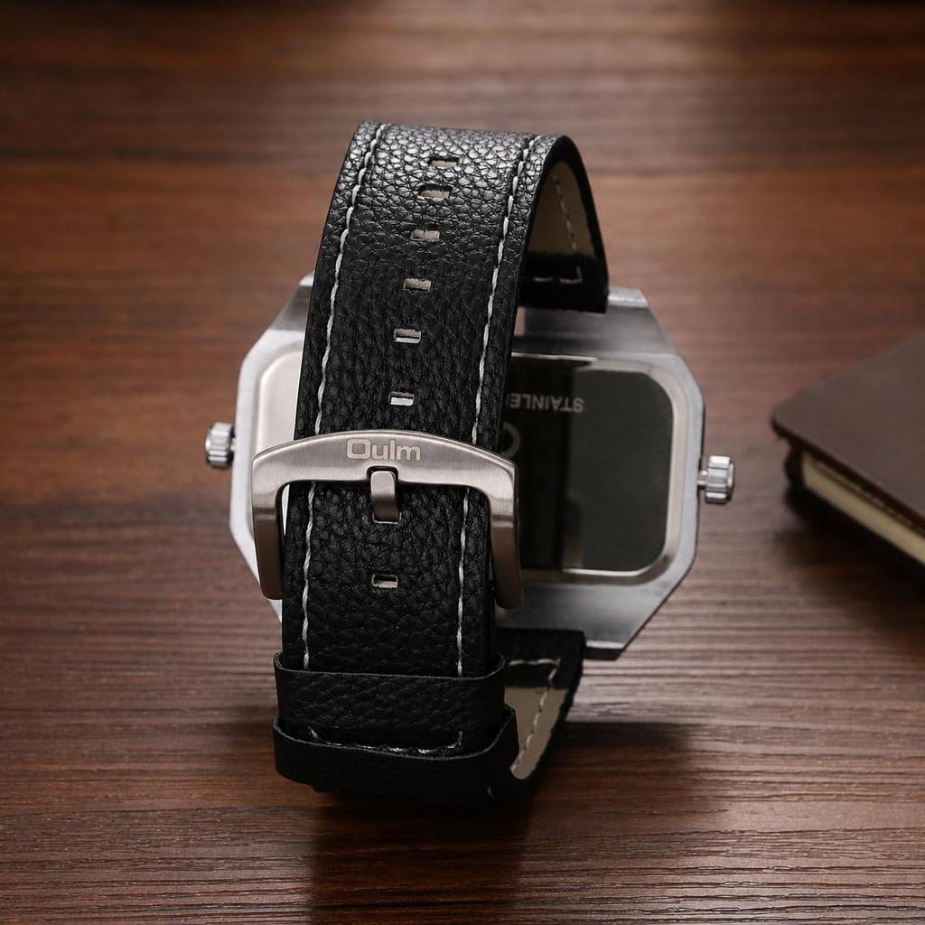 Men's Square Dual Time Watch with Leather Strap: Quartz Analog, Large Dial, Calendar, Business Use.
