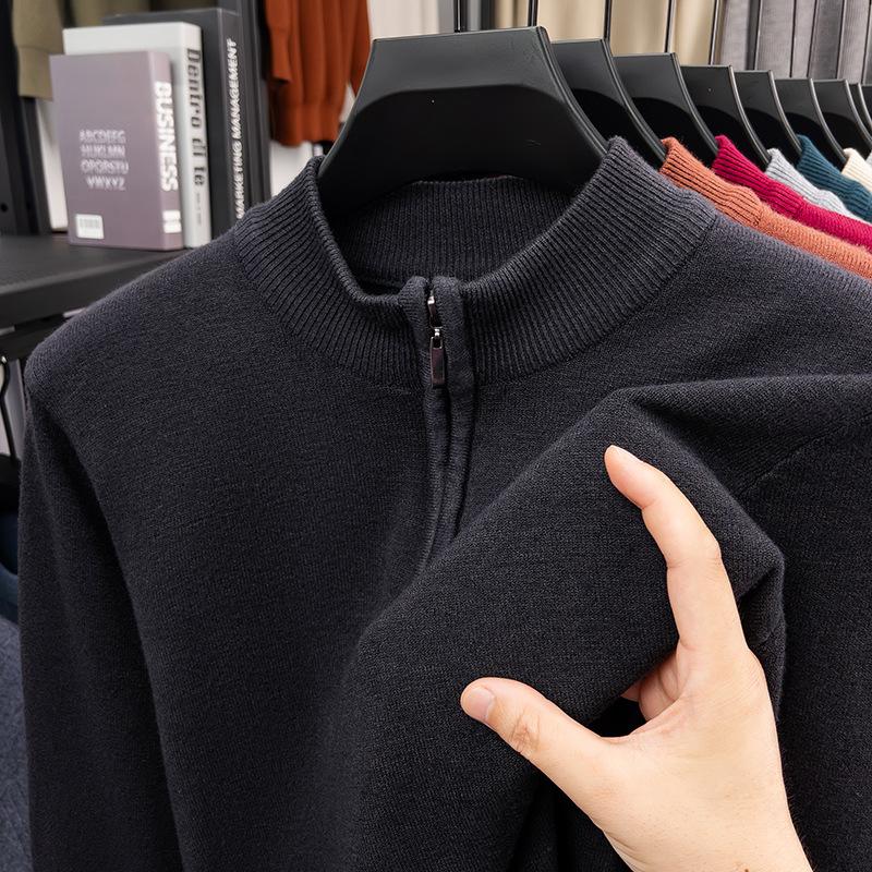 Men New Style Zip Knitted Shirt Solid Color Fashion High End Long Sleeve Base Layer Loose Casual Top
