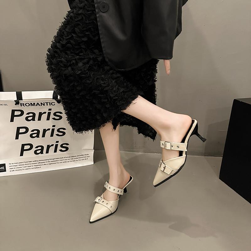 Fashion Punk Goth Metal Buckle High Heels Women's Sandals Summer 2024 Pointed Toe Silver Party Shoes Fashion Womens Pumps Shoes