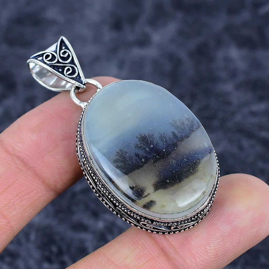 Dendrite Opal Gemstone Handmade 925 Sterling Silver Jewelry Pendant 2.09" M-3271