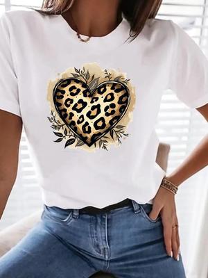 (Ázijská veľkosť) Potlač Dámske Oblečenie Tričko Dámske Módne Tričko Top leopard srdce Láska Žena Krátky Rukáv Grafické Tričká