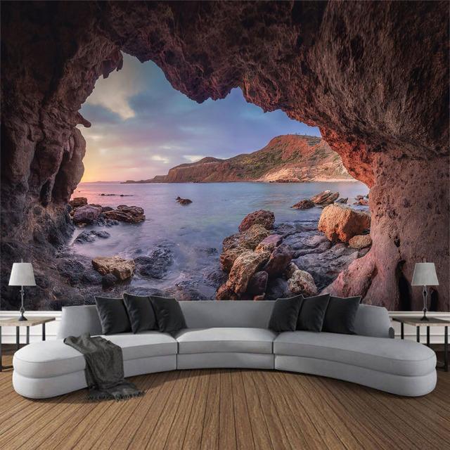 Höhlenlandschaft bedruckter Wandteppich, Wandbehang, Sternenhimmel, böhmischer Raum, Wanddekoration, Hippie-Heimästhetische Dekoration 90x75cm