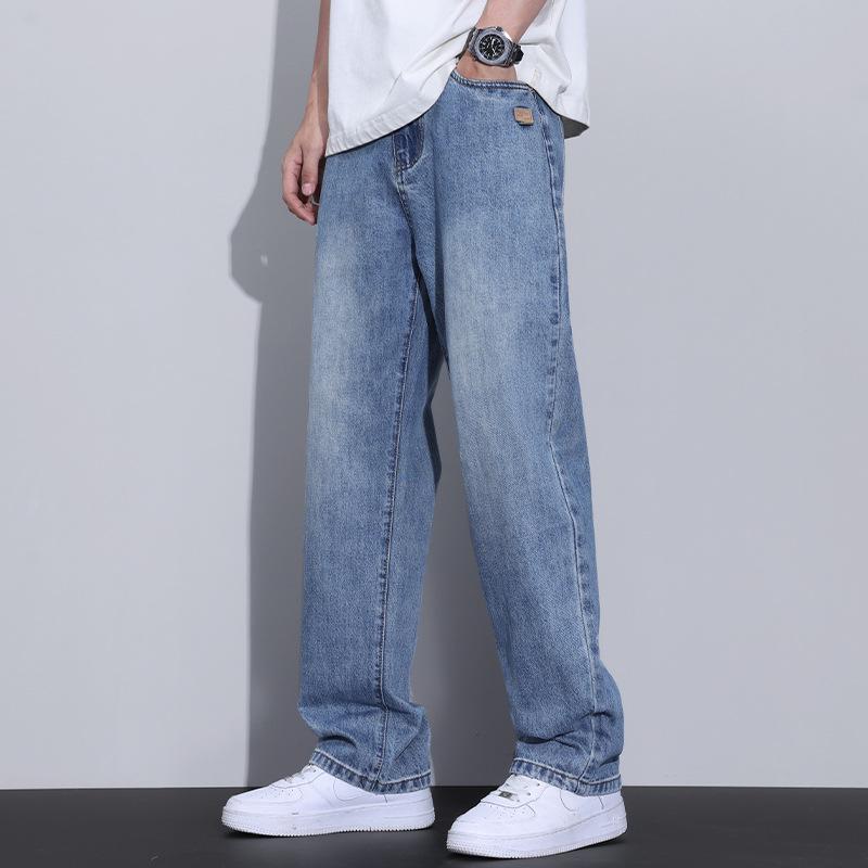 2025 Autumn Men's Blue Straight-Leg Loose Jeans, Fleece-Lined, Plus Size, American Retro Style, Thickened for Warmth.
